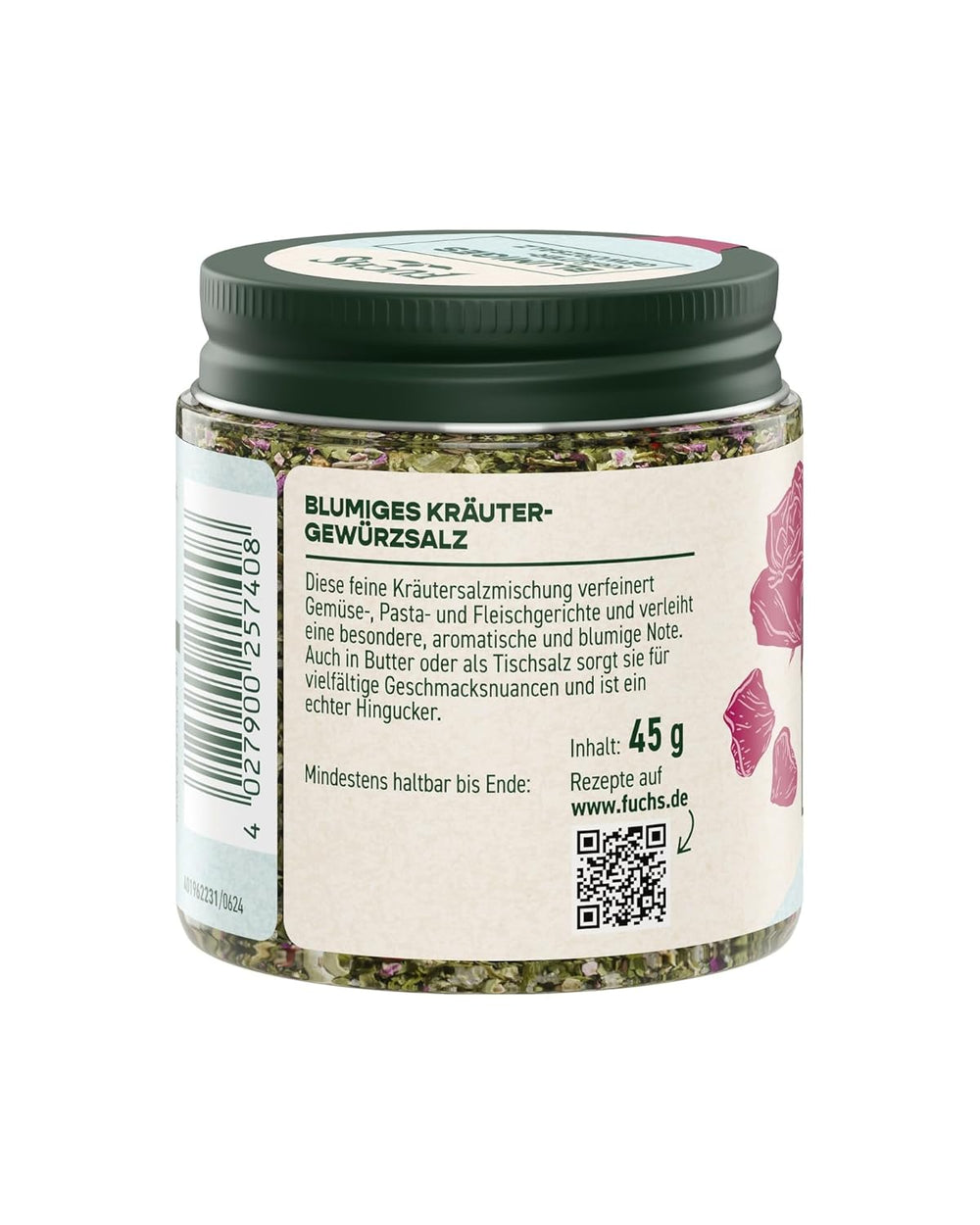 Fuchs Gewurze - Blumiges Kräutersalz | Gewürzsalz mit Rosenblütenblättern, Minze & Salz | Verfeinert Gemüse und Pasta-Gerichte | 45 g im wiederverschließbaren Gewürzglas