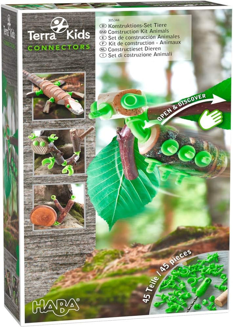 HABA Terra Kids Connectors – Starter-Konstruktionsset für Kinder - Holz-Bastelset mit Kunststoff-Verbinder und Handbohrer – Natur-Baukasten für kreatives Bauen von Figuren
