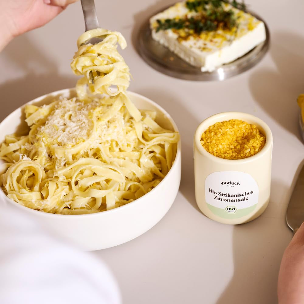 Potluk | Bio Sizilianisches Zitronensalz | Gewürzsalz für Fisch, Meeresfrüchte, Gemüse, Sałatki i Sosy | 140g w Keramiktopf
