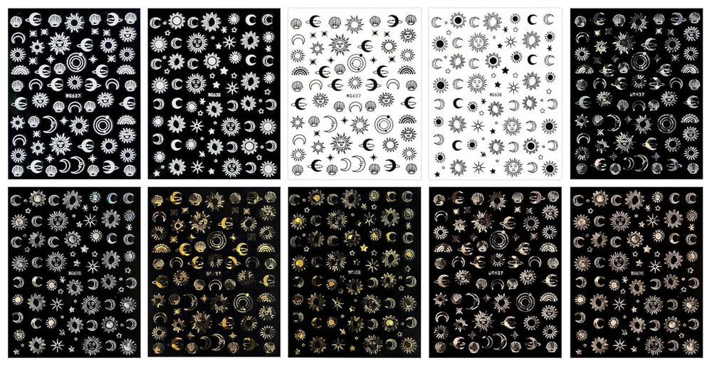JMEOWIO Nagelsticker Mond Stern Sonne 10 Blatt Nail Art Sticker Selbstklebend Nagelaufkleber Bunt Dekoration Nageldesign Zubehör