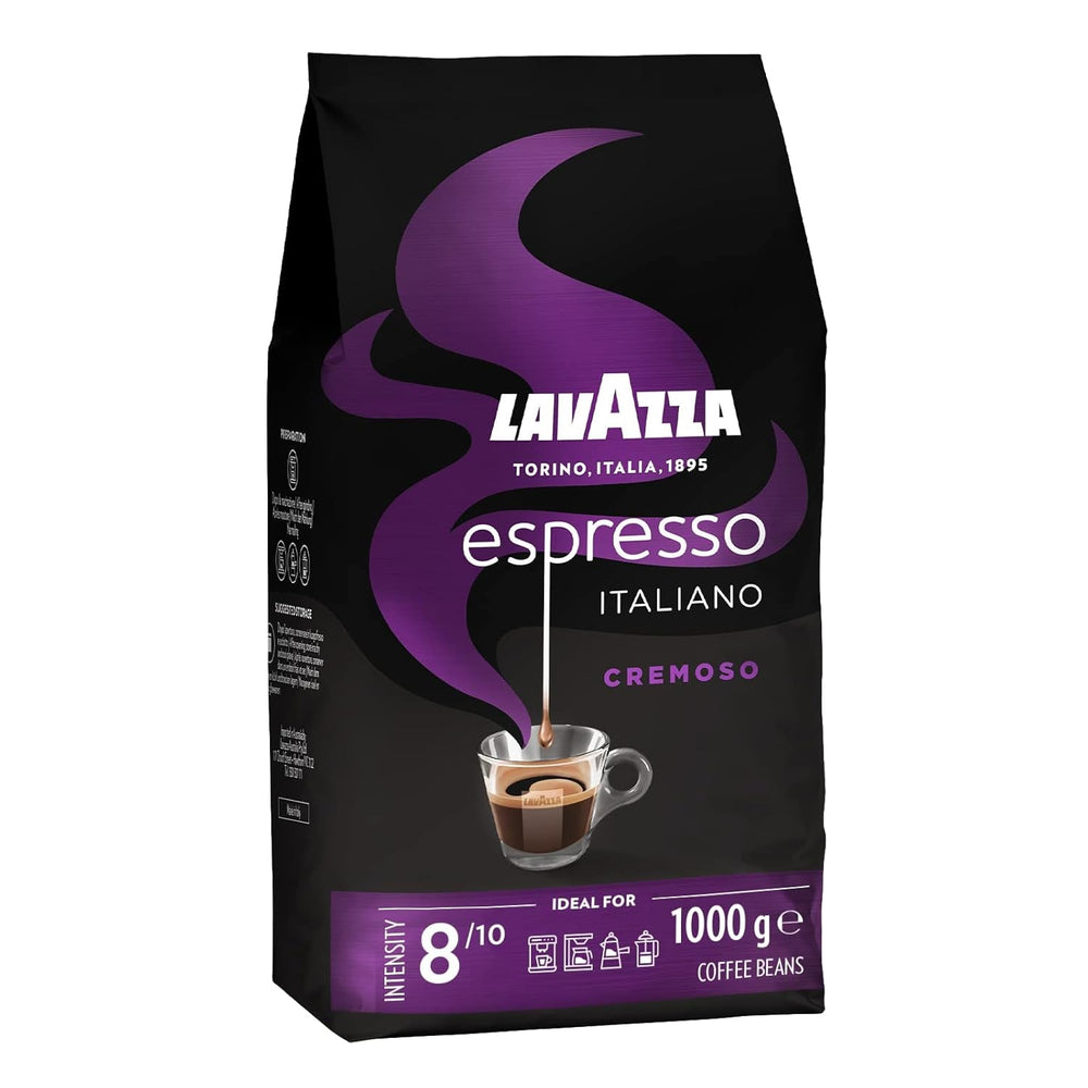 Lavazza Espresso, kawa ziarnista do ekspresów, zrównoważony i aromatyczny aromat owoców i kwiatów, 100% organiczna Arabika i Robusta Kawa Naty Shop 1 Kg Cremoso