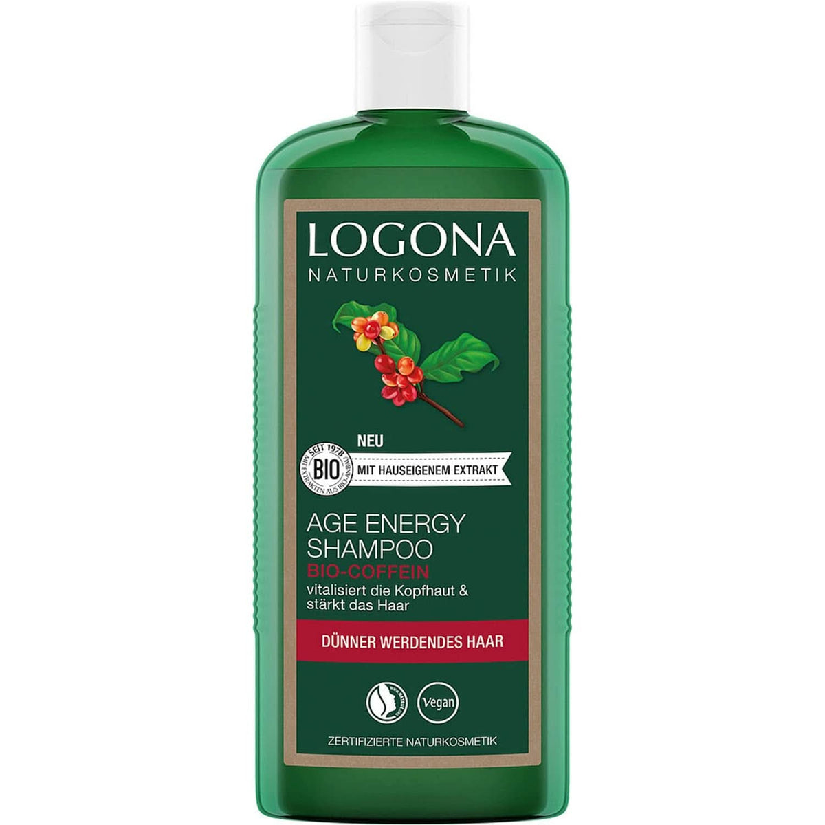 LOGONA Kosmetyki Naturalne, Szampon, wegańska formuła z organiczną kofeiną, 250 ml Prysznic i kąpiel Naty Shop 250 ml