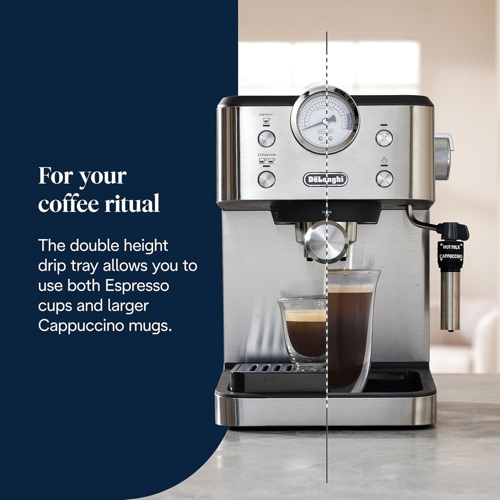 Espressor portafiltru De'Longhi Classic EM450.M cu spumator de lapte profesional, carcasă complet metalică, 15 bari, rezervor de apă de 1,7 l, oțel inoxidabil/metal