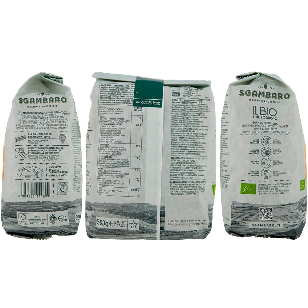 Ekologiczny Makaron Tortiglioni Nr 89 - 500g Makaron pszenny o obniżonej zawartości tłuszczu – Niska zawartość tłuszczu – Źródło błonnika i białka