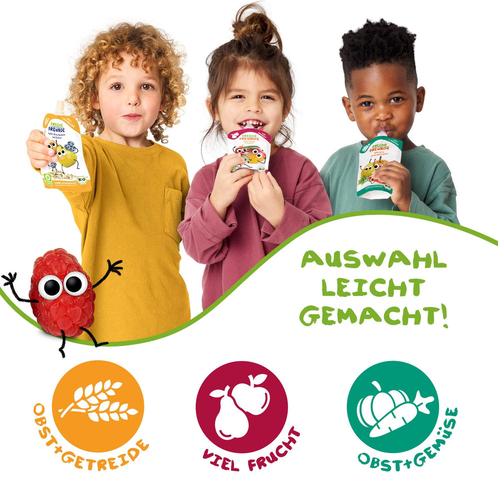 FRECHE FREUNDE Organiczne wyciskane torebki owocowe z jabłkami, truskawkami, burakami i marchewką, puree owocowo-warzywne w wyciskanej torbie dla dzieci od 6. miesiąca życia, wegańskie, opakowanie 6 szt. (6 x 100 g)