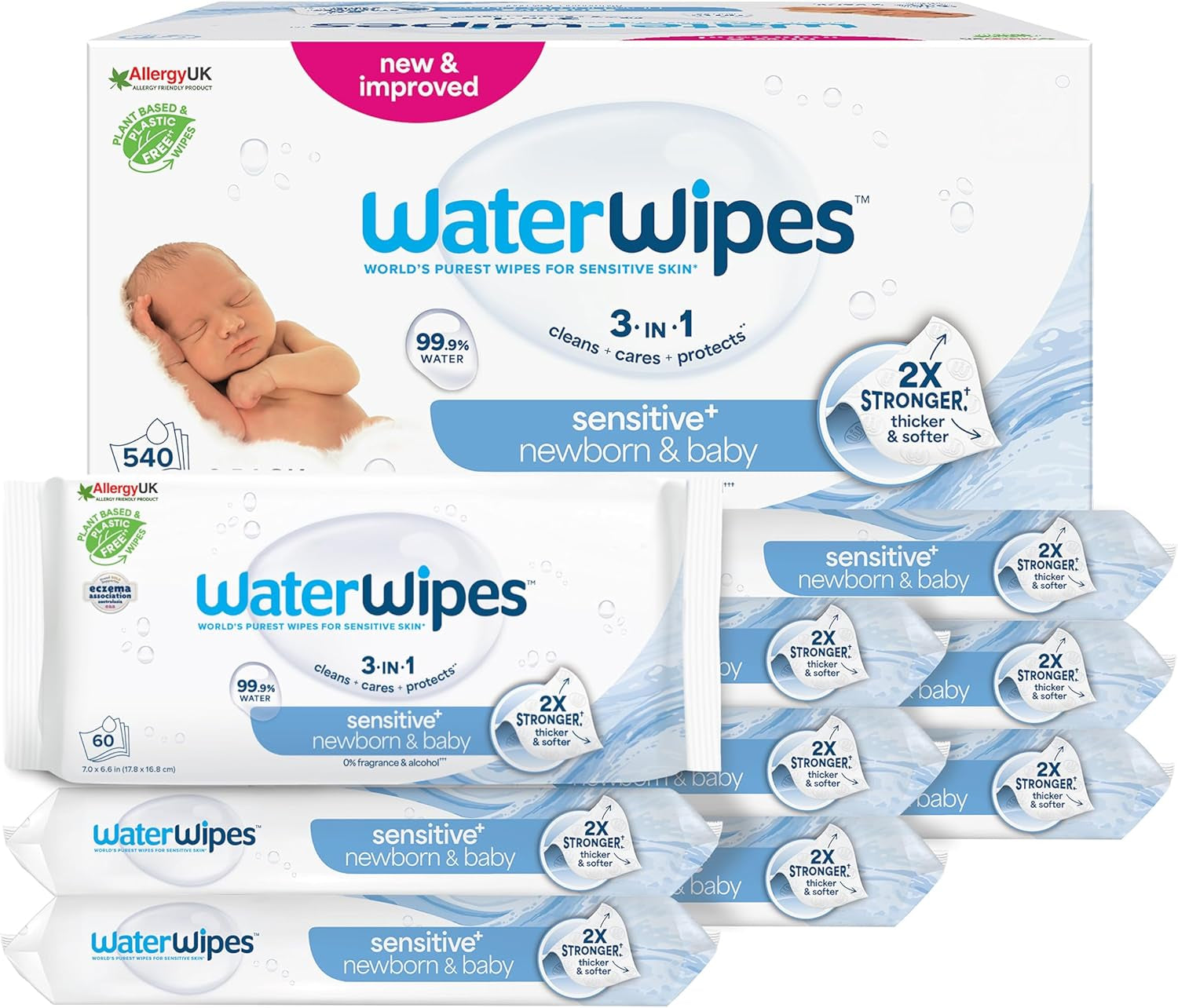 WaterWipes Sensitive+ Chusteczki nawilżane dla noworodków i dzieci, 720 sztuk (12 szt.), 3 w 1 czyszczenie, pielęgnacja, ochrona, 99,9% wody, bezzapachowy