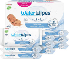 WaterWipes Sensitive+ Chusteczki nawilżane dla noworodków i niemowląt, 540 sztuk (9 opakowań), 3 w 1 czyszczenie, pielęgnacja, ochrona, 99,9% wody, bez substancji zapachowych