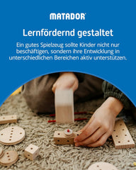Matador Kinder Baukasten ab 5 Jahren 222-tlg. - Spannendes Holz Konstruktionsspielzeug zur Schulung von Kreativität und Feinmotorik, Bauspielzeug mit Stäbchen, Klötzen, Hammer & Zange