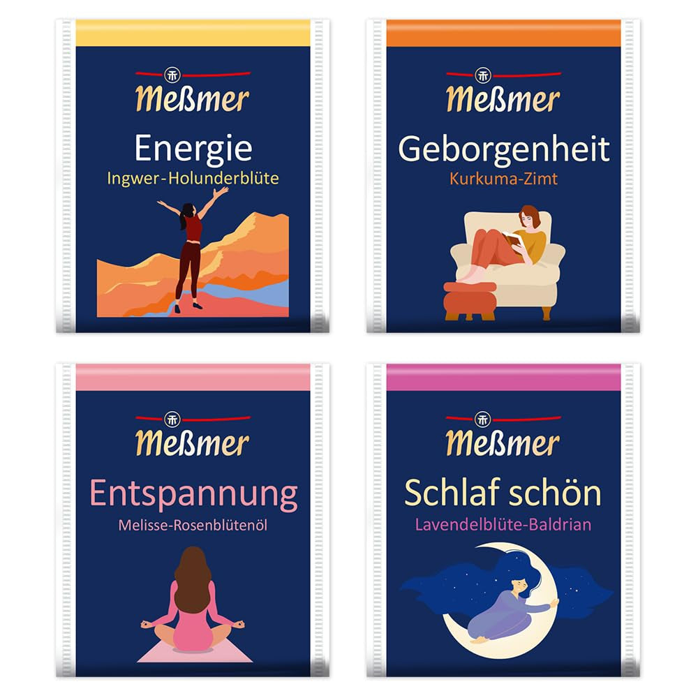 Meßmer Wohlfühltee Mixbox | 20 pliculețe de ceai | 5X Energie | 5X Siguranță | 5X Relaxare | 5X Somn bun | Un mix de ceaiuri din plante din gama Meßmer Wohlfühl