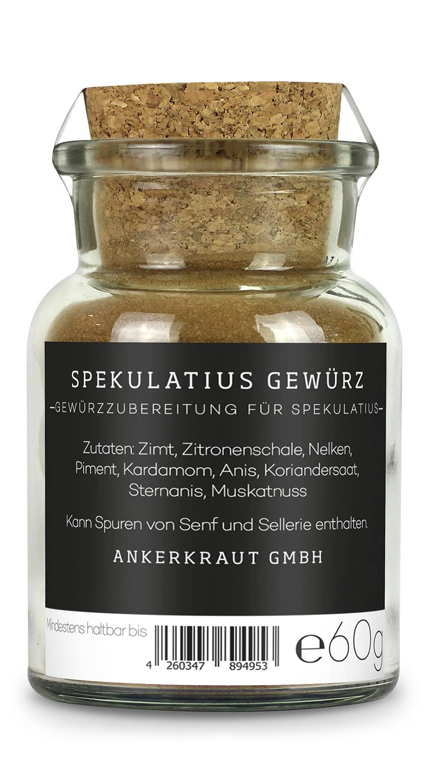 Ankerkraut Spekulatius Spice, Coacerea fursecurilor de Crăciun, Fără zahăr, Cu scorțișoară și cuișoare, Produse de patiserie, Mâncarea fursecurilor cu familia și copiii, 60g într-un borcan de plută