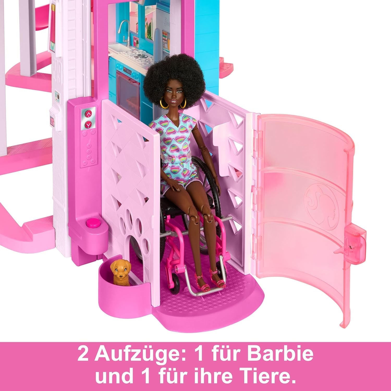 Barbie Dream Villa, casă Barbie cu 3 etaje cu 10 zone de joacă, inclusiv piscină, tobogan, lift, 75 de accesorii pentru păpuși, cățeluș de jucărie, jucărie pentru copii cu vârsta de peste 3 ani, HMX10 Casute de papusi Naty Shop