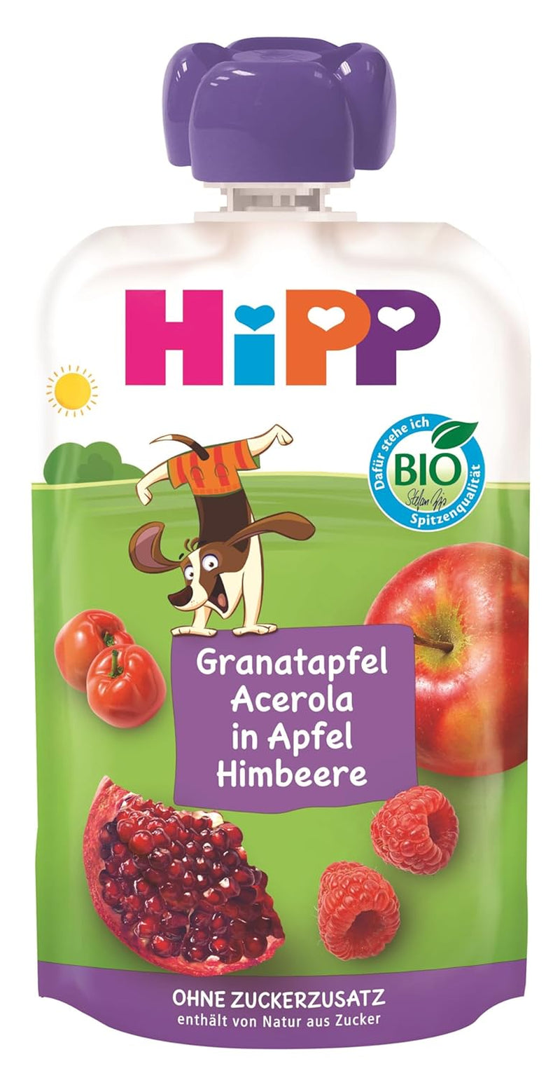 HiPP Organic Fruit Plus saszetki z granatem i acerolą w mieszance jabłka i maliny - Ben Beagle (8 x 100g), od 1 roku, 100% przecieru owocowego, bez dodatku cukru, wegańskie, najlepszej jakości organicznej
