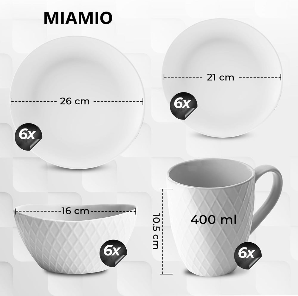 MIAMIO - Set de veselă din ceramică, 24 de piese, serviciu combinat pentru 6 persoane - potrivit pentru mașina de spălat vase și cuptorul cu microunde - Colecția Palmanova (Alb)