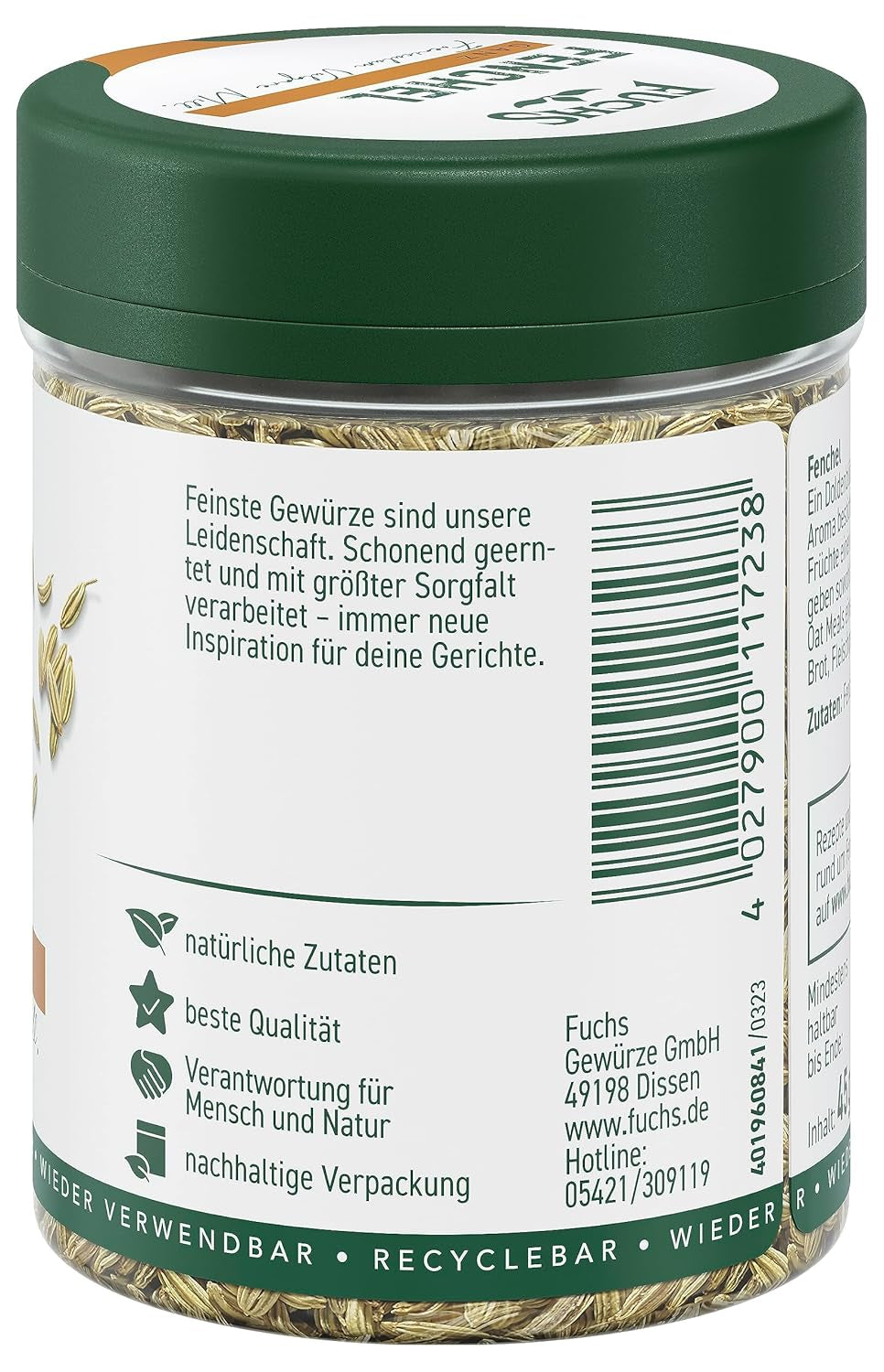 Fuchs Gewürze - Koper ganz - słodko-würziges Aroma für Obstsalate, Płatki owsiane lub Curry - naturalne składniki - 45 g w wiederverwendbarer, recyclebarer Dawka