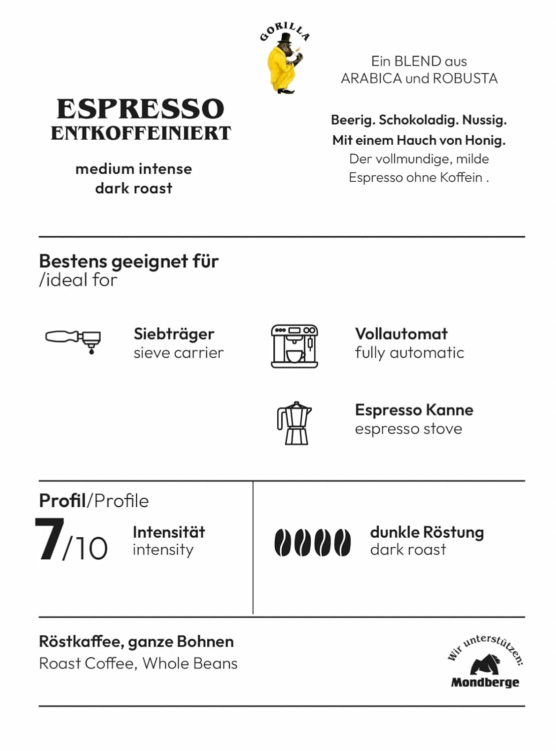 GORILLA Espresso 1 Kg, Decaffeinizată, boabe întregi Cafea Naty Shop