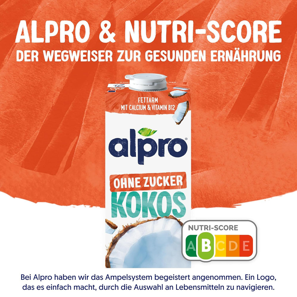 Alpro Kokosnussdrink ohne Zucker – Ohne Süßstoffe – Vegan und milchfrei – Von Natur aus lactosefrei und fettarm – Bogaty w wapń i witaminy – 8 x 1 L