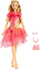 Păpușă de modă Mattel Wicked Glinda și accesorii cu păr blond, diverse poziții posibile și aspect de rochie de bal detașabilă, HXT63