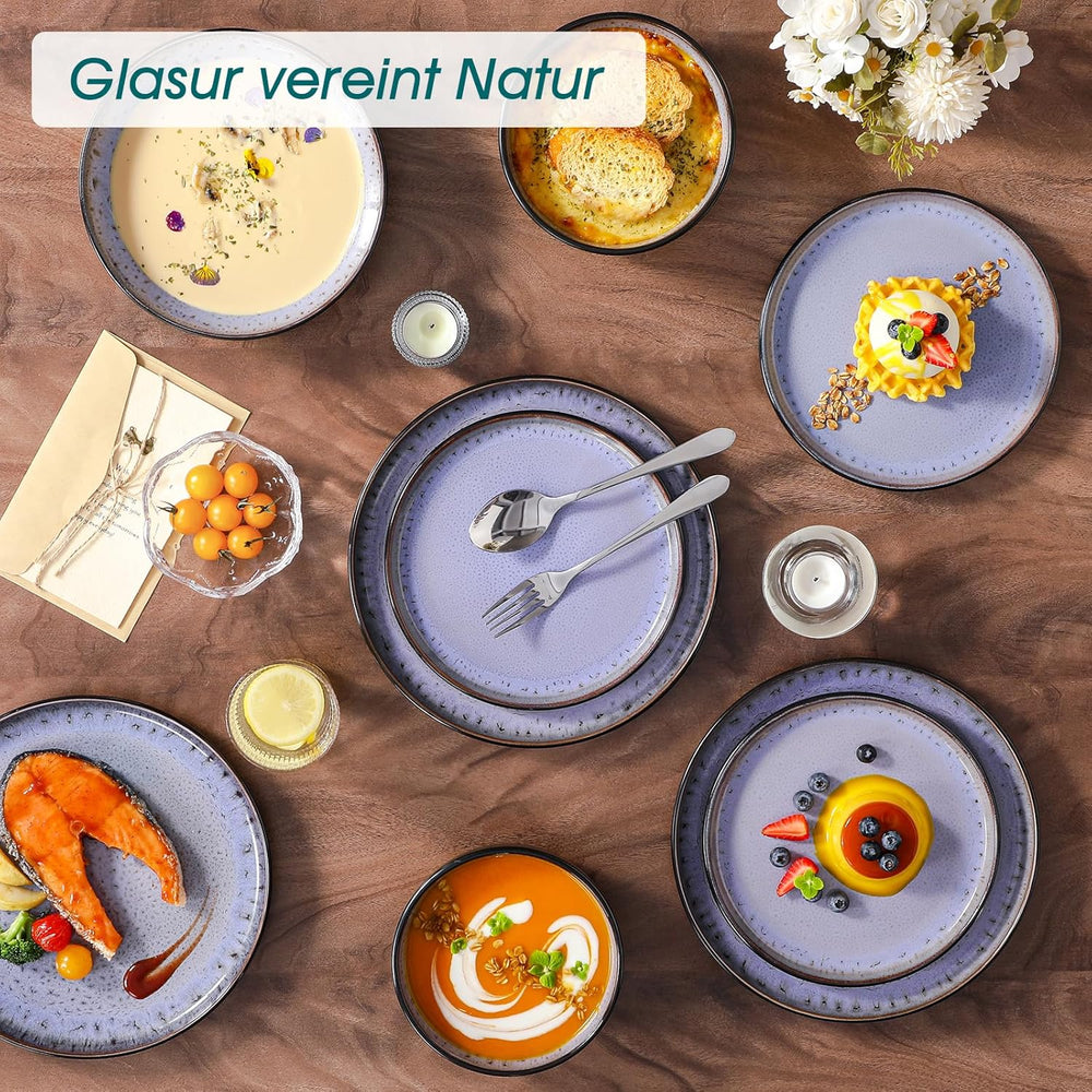 Steingut Geschirrset 6 Personen, vancasso AMBER Teller Set 6 Personen, Tafelservice 24tlg mit Speiseteller, Dessertteller, Suppenteller, Schüssel, Reaktive Glasur, Abendviolett, Spülmaschinenfest