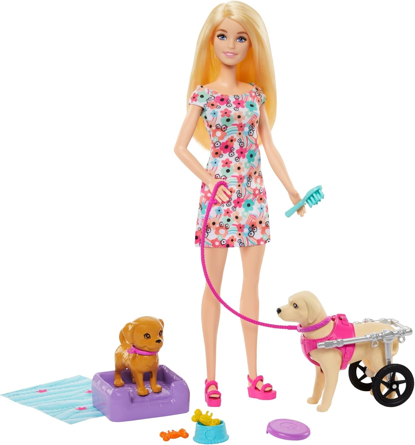 Păpușa Barbie Dog Duo și accesorii, inclusiv cățeluș și câine mare cu scaun cu rotile, lesă, bol cu hrană, pat pentru animale și recompense cu oase, pentru copii cu vârsta de 3 ani și peste, HTK37
