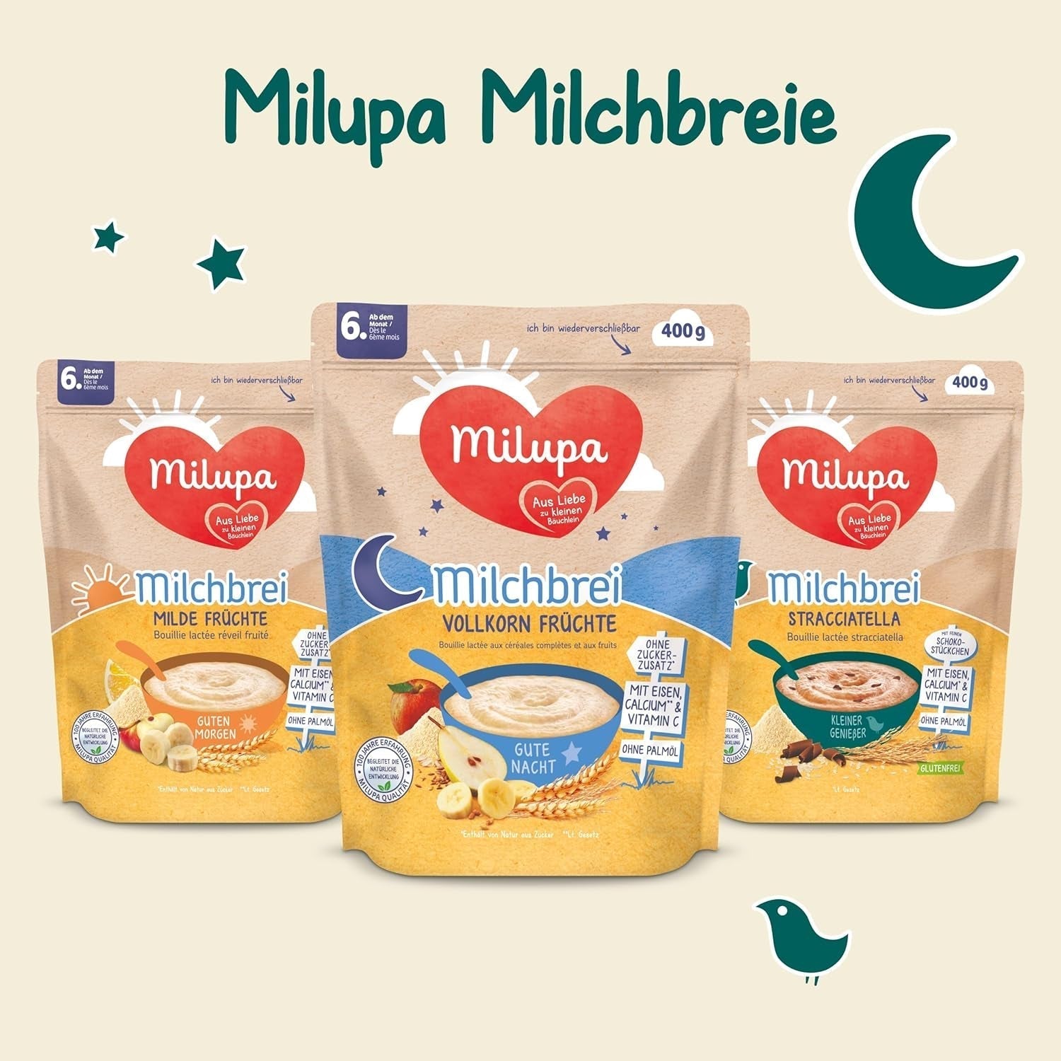 Milupa Kaszka Mleczna Pełnoziarniste Owoce - Owsianka dla dzieci bez oleju palmowego, od 6 miesiąca życia - 4 X 400 G (opakowanie 2 szt.) Matka i Dziecko Naty Shop