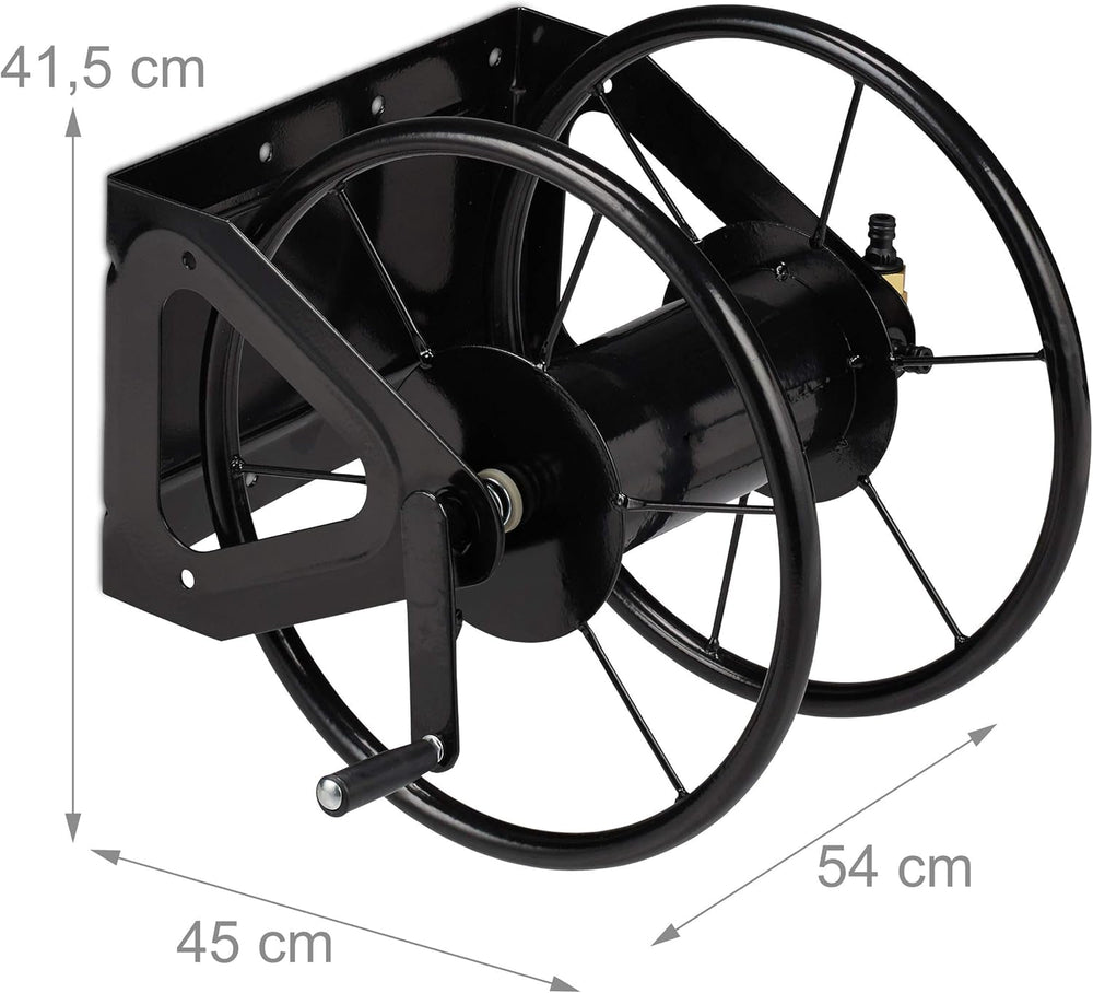 Tambur furtun Relaxdays, tambur furtun cu manivelă, pentru furtun de 60 m, oțel, ÎxLxA: 41,5 x 54 x 45 cm, negru