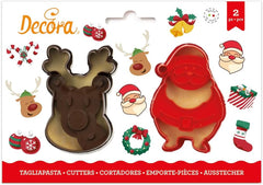0255095 Formă de biscuiți din plastic Moș Crăciun și ren, set de 2 piese, plastic, roșu