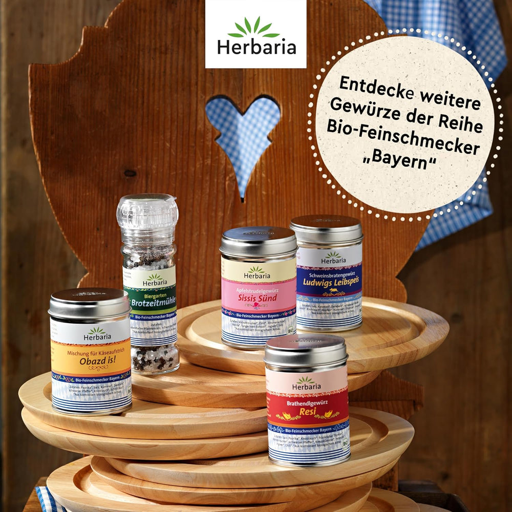Herbaria Obazd jest! bio 90g M-Dose – Bio-Gewürzmischung bayerischen Biergartenklassiker Obazda – dla Brotaufstriche, Käsegerichte, Käsefondue – Raclette Gewürz - w nachhaltiger Aromaschutz-Dose