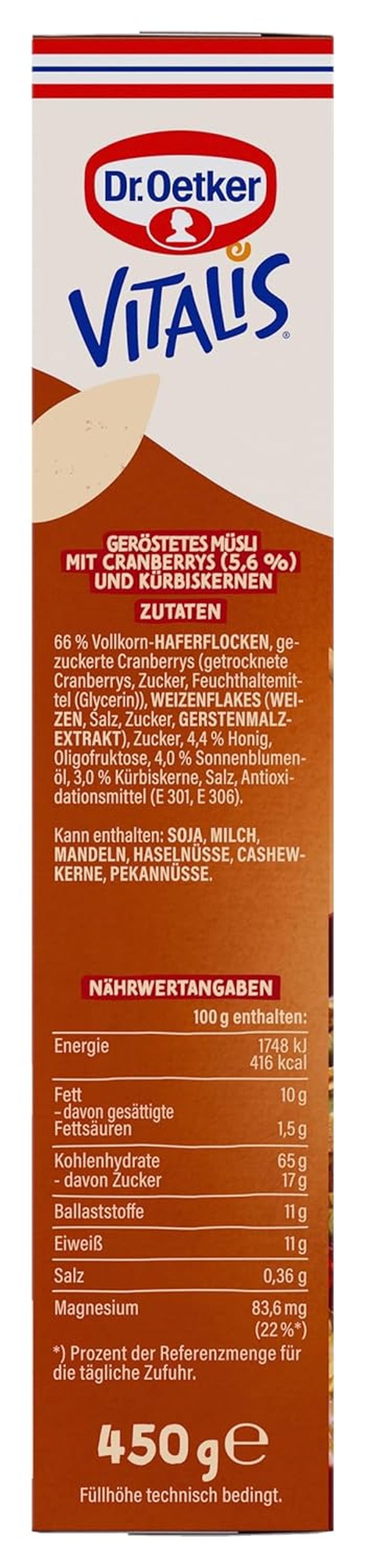 Dr. Oetker Vitalis Tostowe musli z żurawiną i pestkami dyni: Tostowe musli z suszoną żurawiną, opakowanie 8 sztuk (8 x 501g)