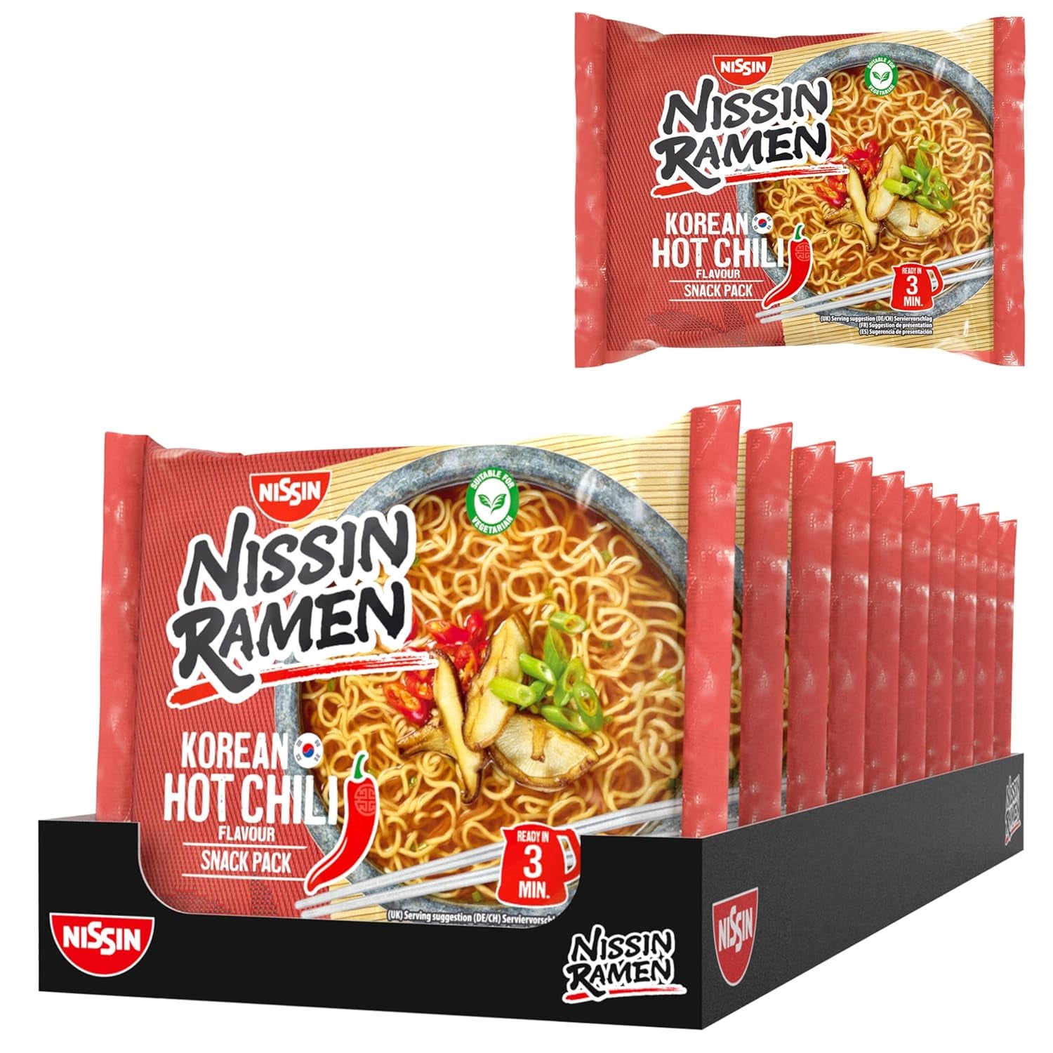 Nissin Ramen - Koreańskie pikantne chili 10 opakowań makaronu błyskawicznego w stylu azjatyckim na podstawie koreańskiego przepisu Szybkie i łatwe w przygotowaniu jedzenie azjatyckie (10 x 65,2g)