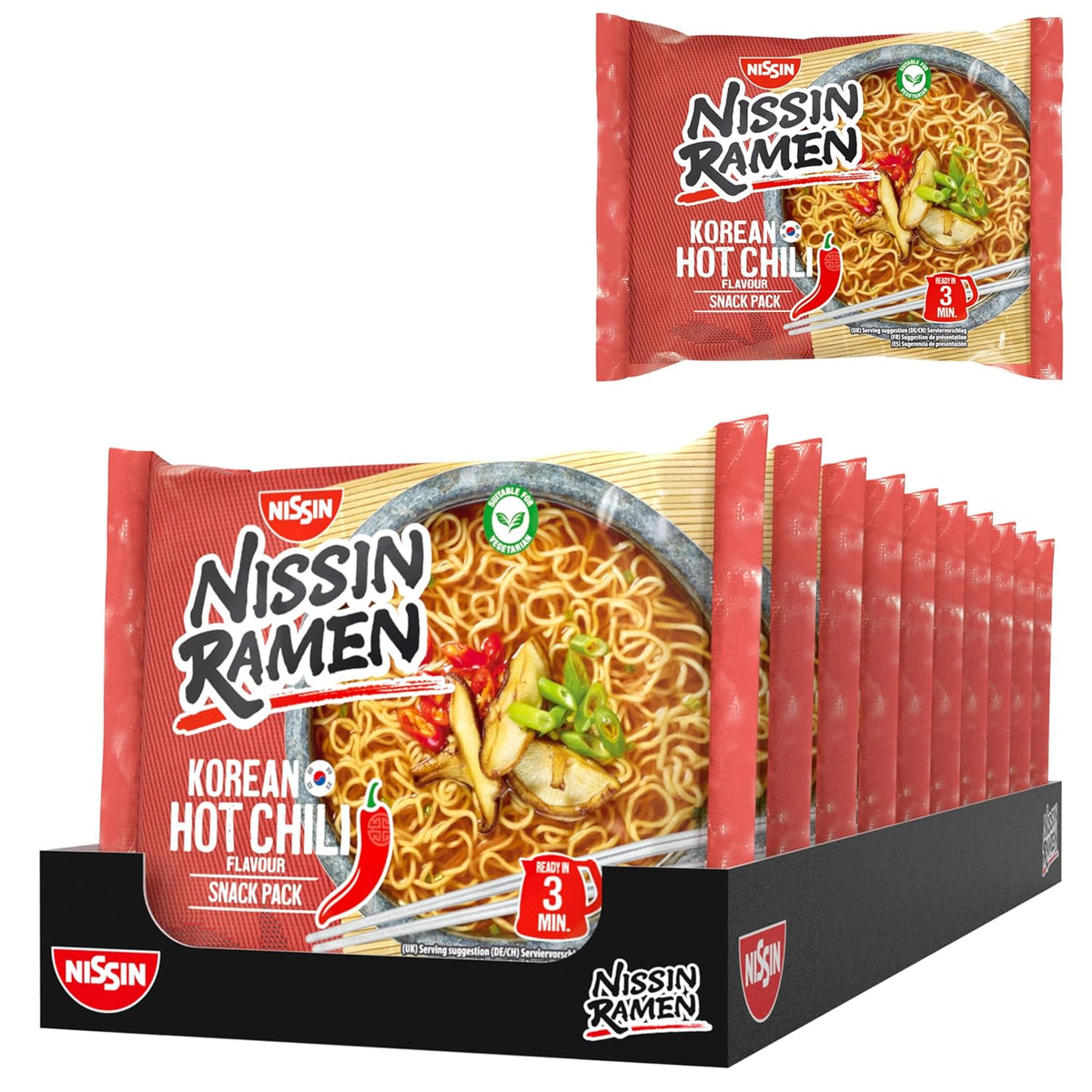 Nissin Ramen - Koreańskie pikantne chili 10 opakowań makaronu błyskawicznego w stylu azjatyckim na podstawie koreańskiego przepisu Szybkie i łatwe w przygotowaniu jedzenie azjatyckie (10 x 65,2g)