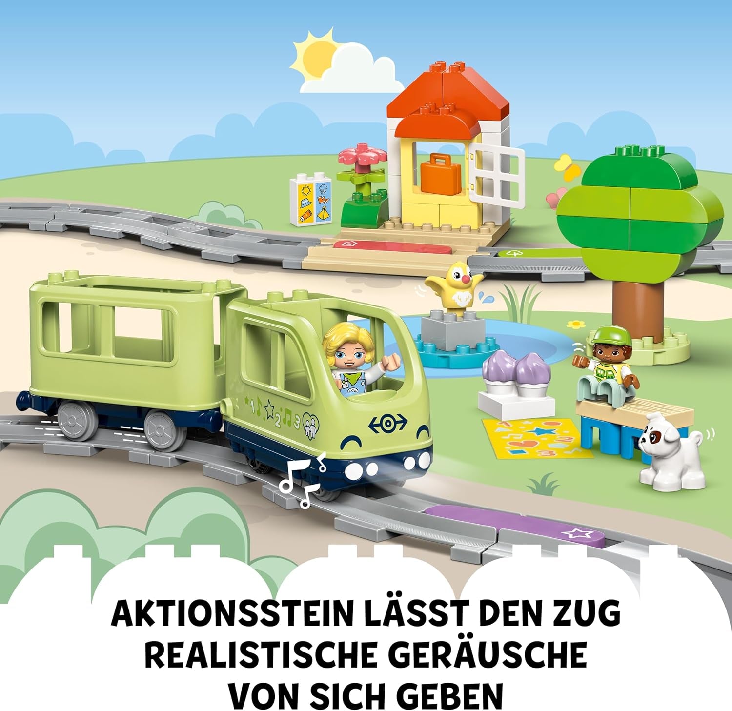 LEGO DUPLO Interaktive Abenteuer-Eisenbahn - Lernspielzeug für Kleinkinder ab 2 Jahren – 14 Gleisstücke, Aktionssteine mit Geräuschen und 4 Spielfiguren – Geschenkidee für Jungen & Mädchen - 10427
