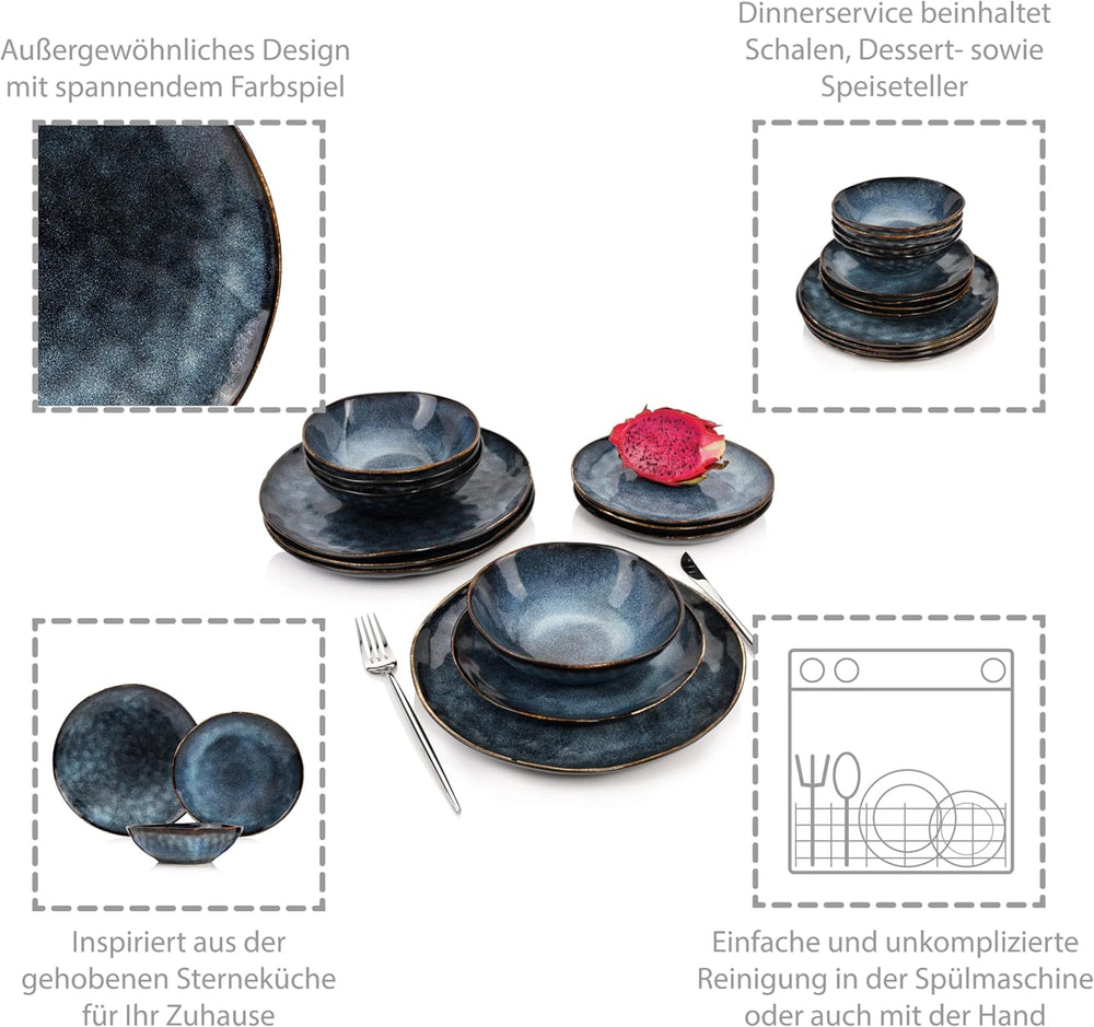 SÄNGER | Set de veselă Tokyo cu 12 piese, set de veselă din gresie pentru 4 persoane, inclusiv farfurii de cină, farfurii de desert și boluri, albastru închis cu accente negre | COLECȚIA PREMIUM