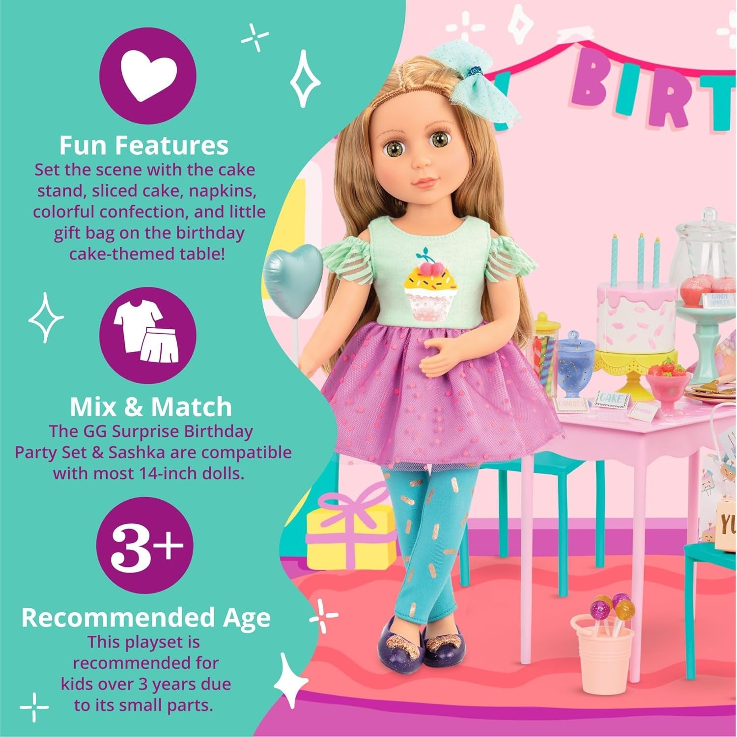 Glitter Girls - GG Surprise Birthday Party Set & Sashka - Bewegliche 36cm Puppe Sashka - Überraschungs-Geburtstagsparty-Set - Tisch & Stühle Möbel - 3 Jahre +