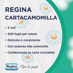 Regina Cartacamomilla - 8 role hârtie igienică, 300 foi pufoase, 3 straturi, moale și consistentă, ambalaj din hârtie reciclabilă