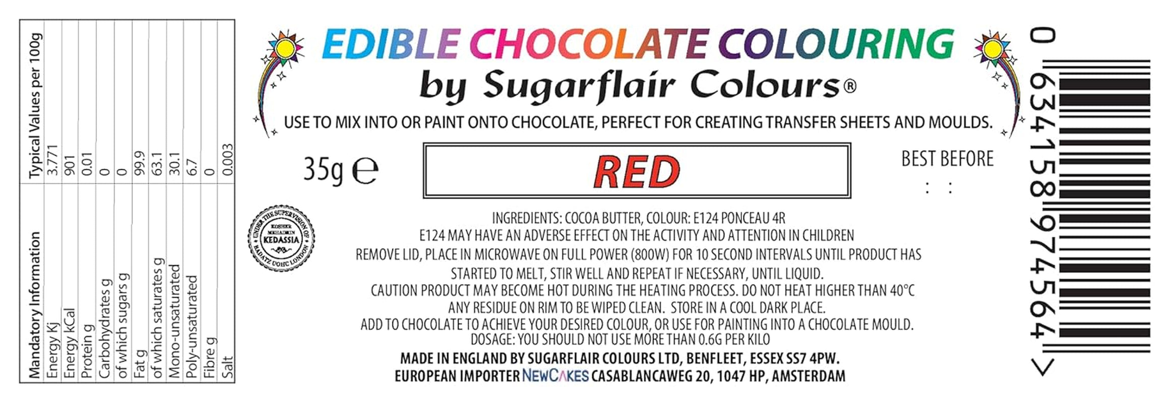Colorant alimentar Sugarflair Chocolate Colorant alimentar pentru ciocolată roșie - Unt de cacao organic colorat, colorant ciocolată pentru colorarea ciocolatei, praline - 35g