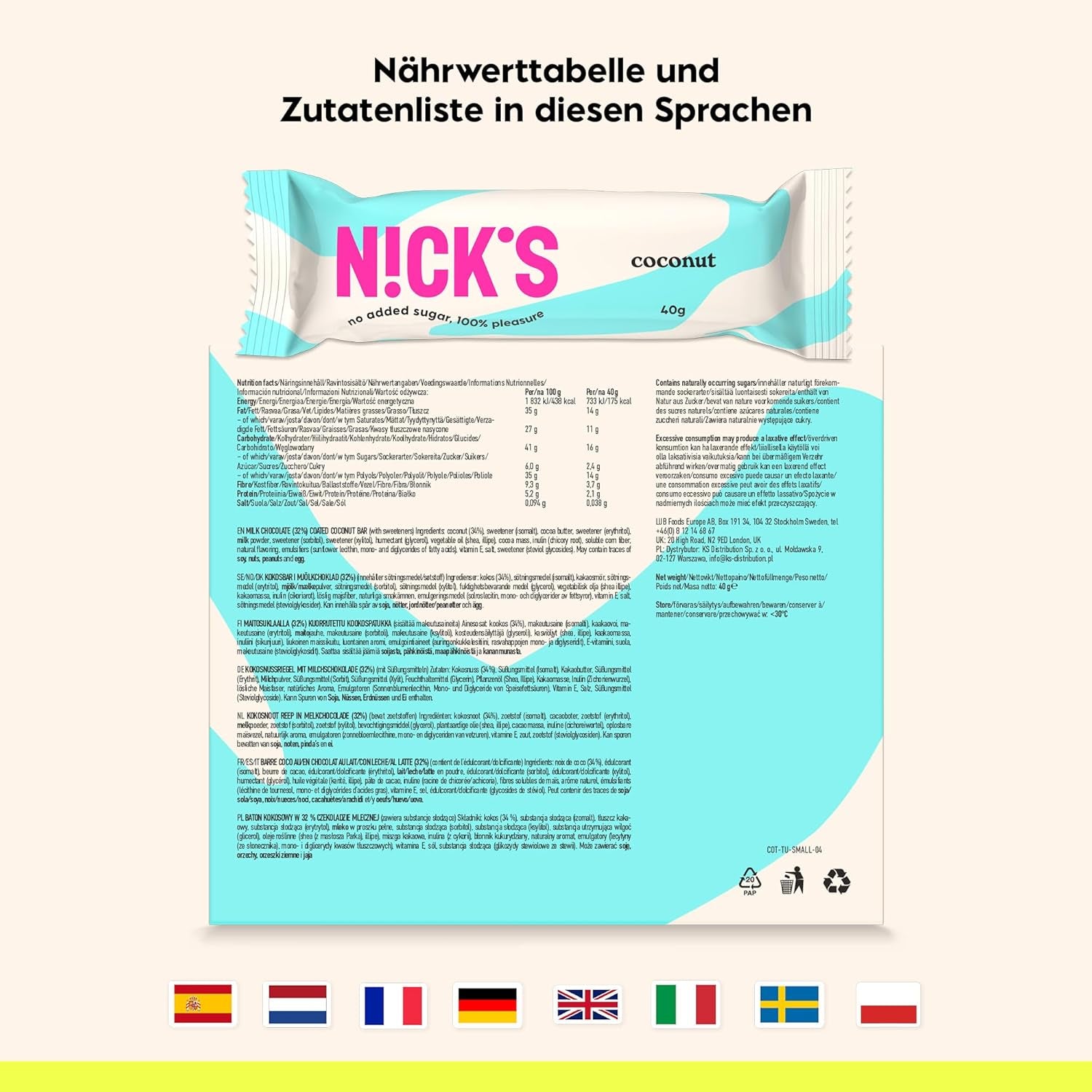 NICKS Keto Batony kokosowe, czekoladowe przekąski kokosowe, 175 kalorii, 2 węglowodany netto, bez dodatku cukru, bezglutenowe, słodycze o niskiej zawartości węglowodanów (15 x 40 g)