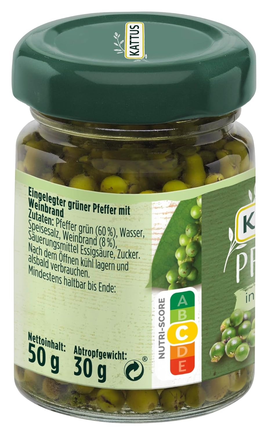 - Grüner Pfeffer w Weinbrand | Ganzer, eingelegter Pfeffer zum Würzen von Saucen | 50 g w szkle