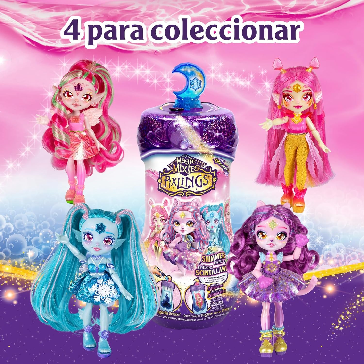 Păpuși Magice Pixlings, 4 Păpuși Asortate – 2 Noi – Păpușă de Modă 15 cm – Poțiuni Magice – Jucărie Secretă cu Poțiuni (MG101000)