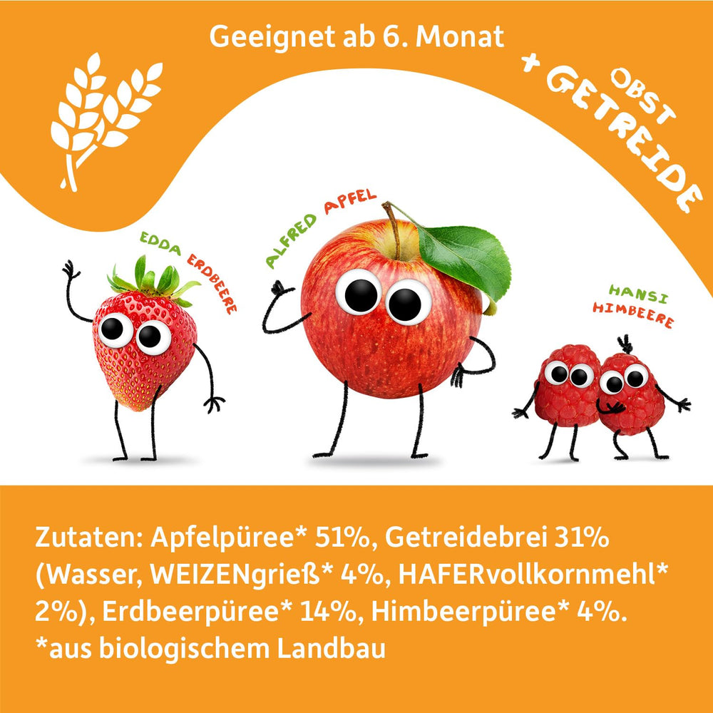 FRECHE FREUNDE Bio Quetschie Apple, Erdbeere, Himbeere mit Grieß, Fruchtmus mit Getreide in Quetschbeutel für Babies od 6. miesiąca, wegańskie, opakowanie 6er (6 x 100g)