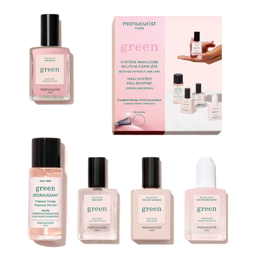 Manucurist Green™ System Rot (Poppy Red) Nagellack Set – Nägel Selber Machen - Vegan: 1 Fettlöser, 1 Base Coat und Top Coat, 1 Nagellack Poppy Red, Trocknungstropfen– Geschenke für Frauen