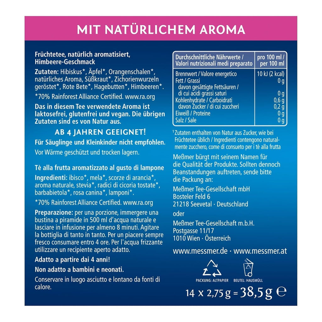 Meßmer Cold Tea Trinkpause Zmeură | Ceai de fructe, aromatizat natural, cu gust de zmeură | Ediție limitată | Pentru infuzie rece | 14 pliculețe piramidale