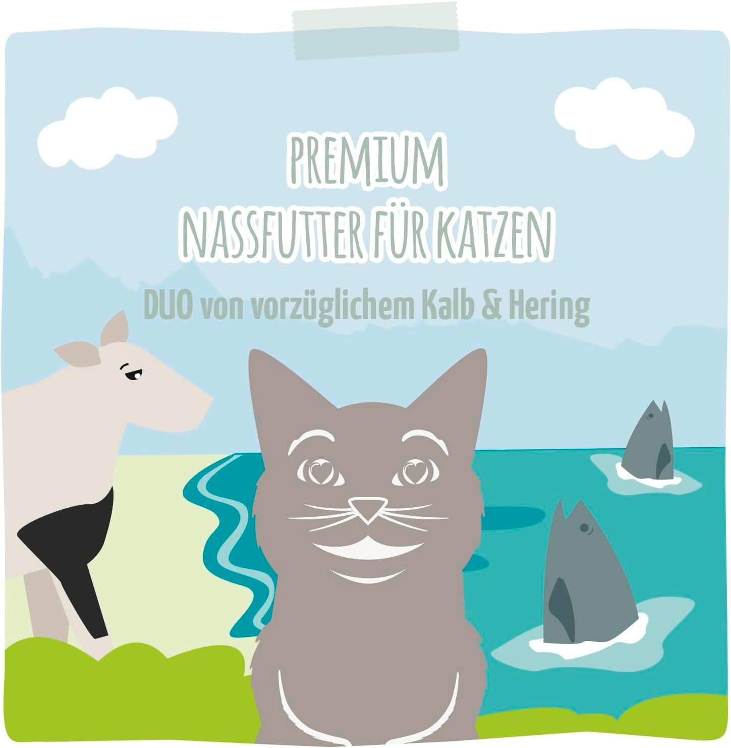 MjAMjAM - Hrană umedă premium pentru pisici - Pungă compresibilă - DUO cu carne de vițel și hering rafinate, pachet de 12 (12 x 125g), fără cereale