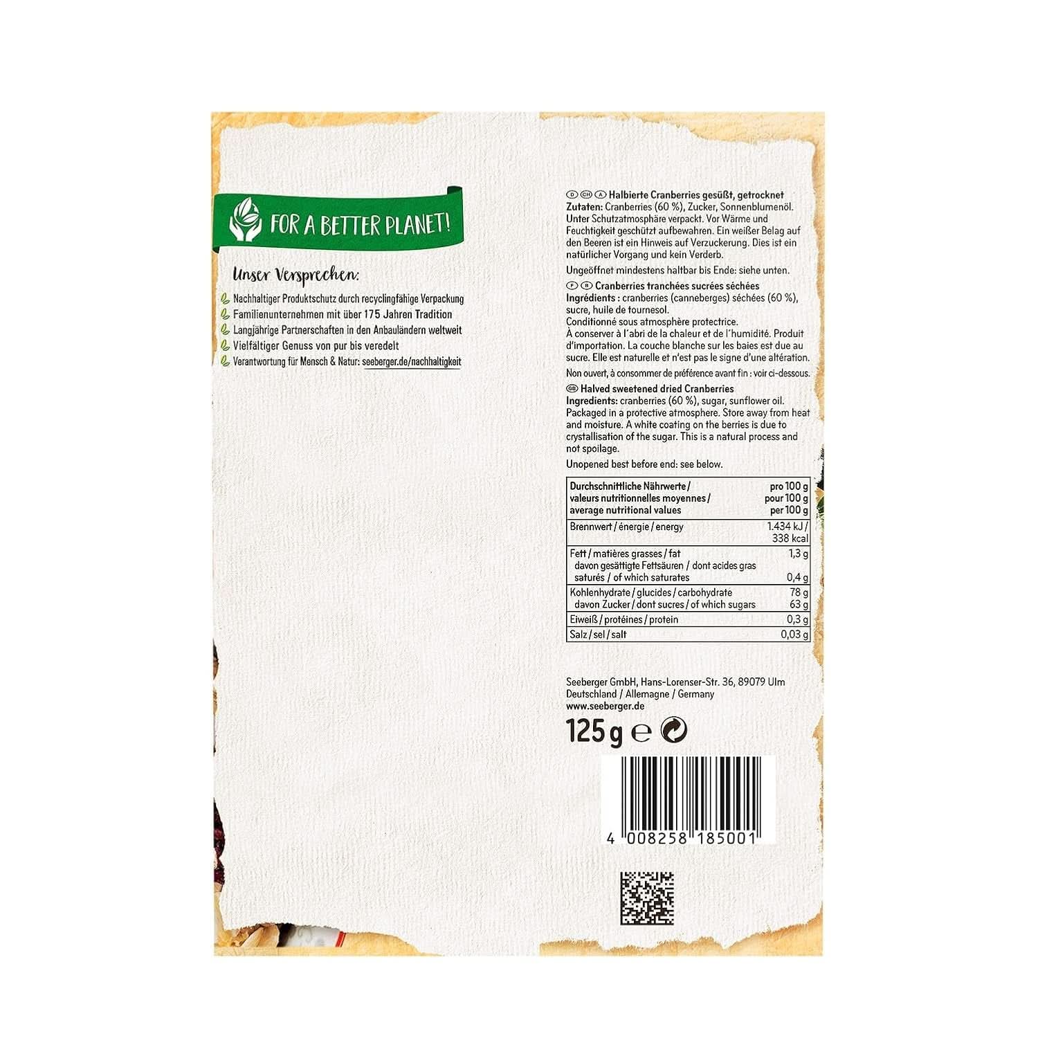 Żurawina Seeberger, Żurawina kanadyjska przekrojona na pół, owocowo-słodka, 13 x 125 gramów Naty Shop Produkty suszone