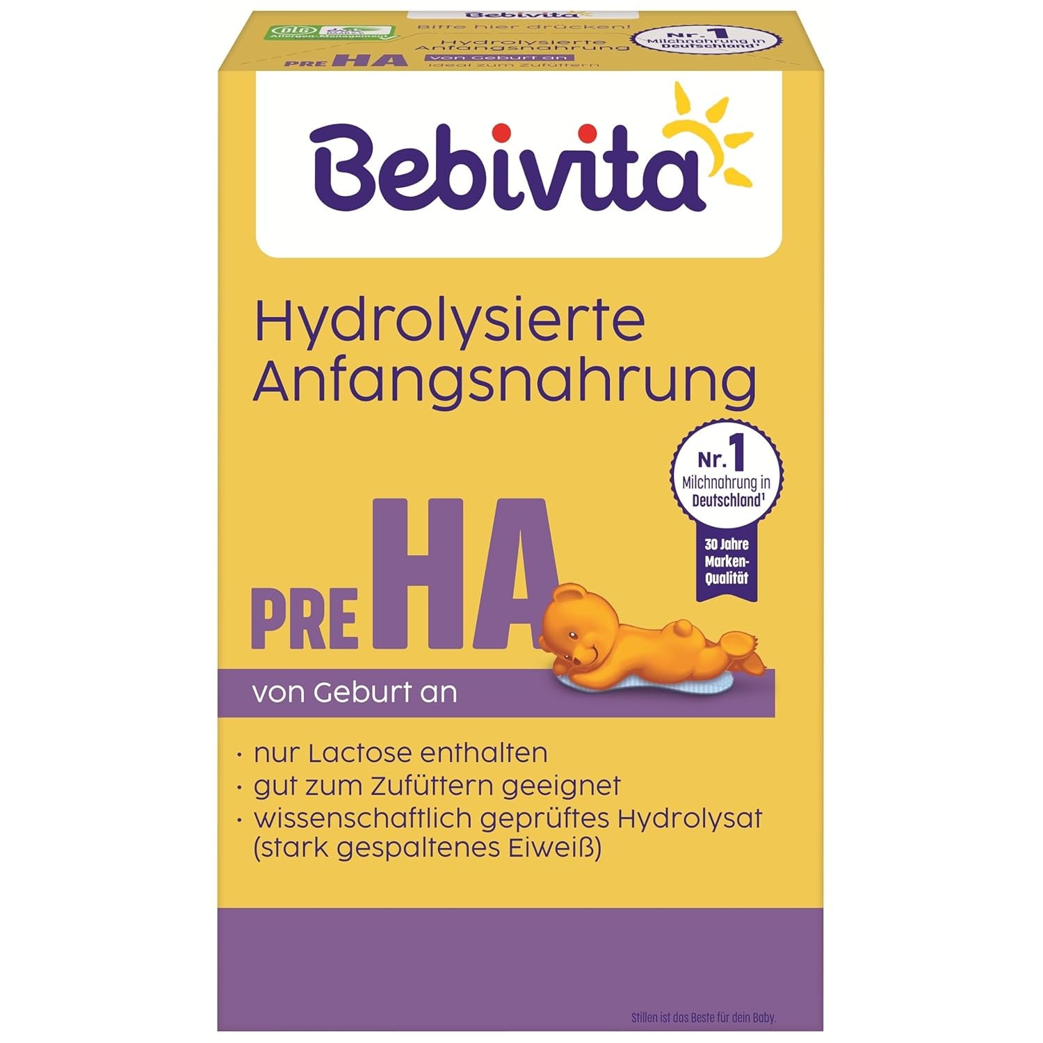 PRE HA (5 x 500g), hydrolizowane mleko w proszku od urodzenia, zawiera wyłącznie laktozę jako węglowodan, nadaje się do karmienia uzupełniającego
