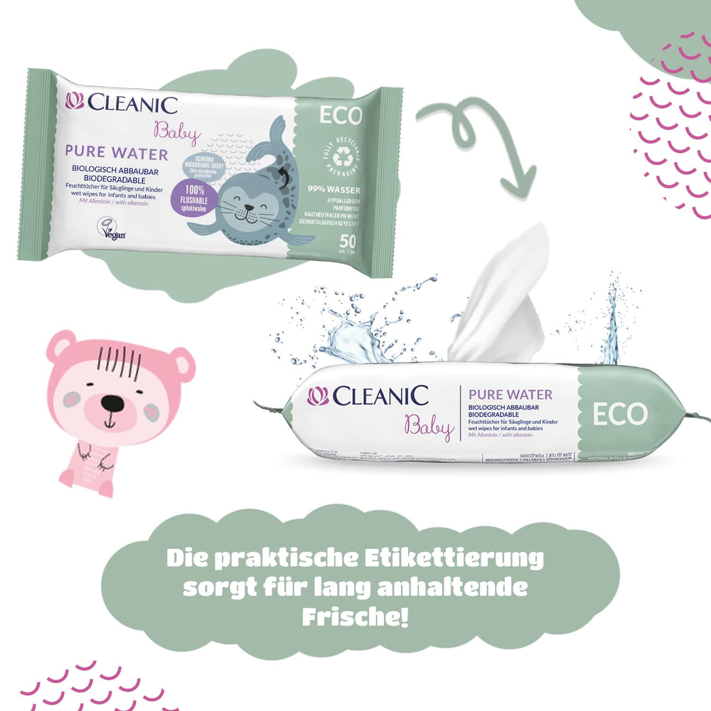 Cleanic Baby Eco Pure Water Chusteczki nawilżane – (1 x 50 szt.) Chusteczki nawilżane dla dzieci i niemowląt – bezzapachowe, spłukiwane, skóra wrażliwa – 50 szt.