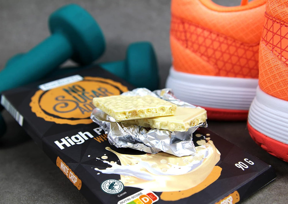 frankonia CHOCOLAT POWER MOTION bez dodatku cukru - Chrupiąca biała czekolada o wysokiej zawartości białka i niskiej zawartości węglowodanów, 90 g