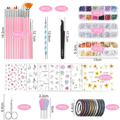 53 Blätter Nagelsticker, Nail Art Pinsel Und Dekorationen Set, 15 PCS Pinsel, 5 PCS Dotted Pens, Strasssteine, Blattgold Für Nagelkunst, Nagel Pailletten, Nagelkunstwerkzeuge Und Dekorationssets