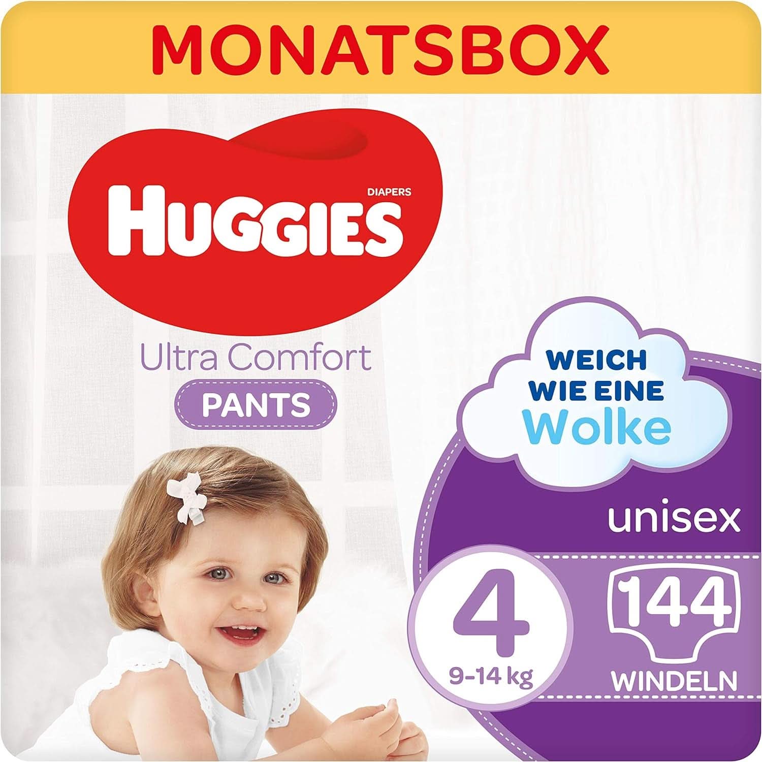 Spodnie Huggies Ultra Comfort rozmiar 4, 9-14 kg, Dla aktywnych dzieci, Ze wskaźnikiem wilgoci i technologią chmurki w pasie, 144 pieluchy dla matki i dziecka Naty Shop