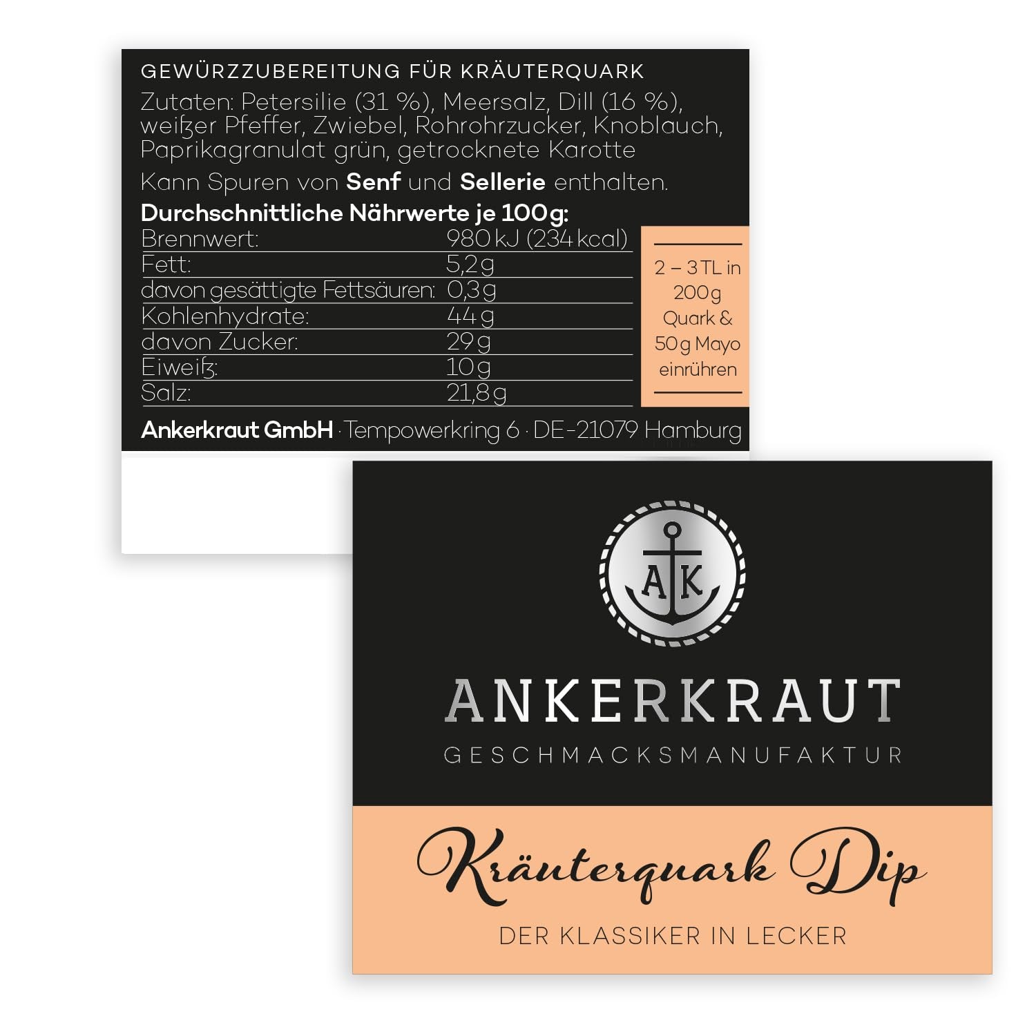 Ankerkraut Kräuterquark Dip, Gewürzmischung für Quark, Ohne Geschmackverstärker, Premium Qualität, Alternative Joghurt und Soja-Quark, Aufstrich selber machen, 55 g w szkle korkowym