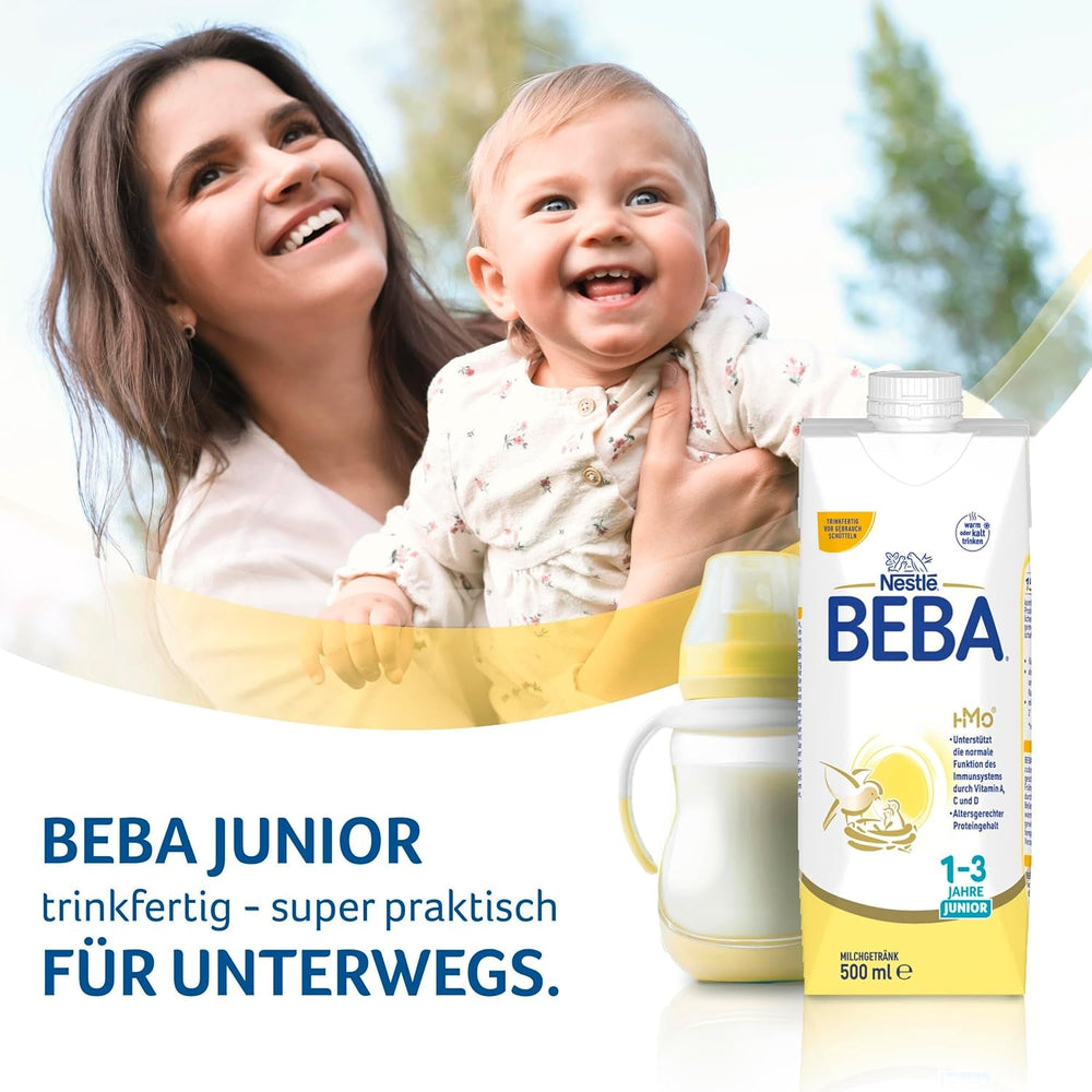 Băutură cu lapte gata de băut BEBA Junior 1-3 ani, cu HMO, conținut de proteine adecvat vârstei, fără ulei de palmier, fără ulei de pește, hrană pentru copii mici, pachet de 12 (12 x 500 ml)